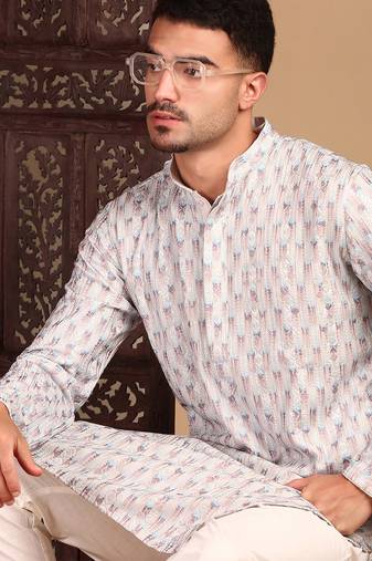off white cotton sequins kurta pajama for mens