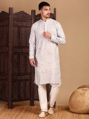 off white cotton sequins kurta pajama for mens 2