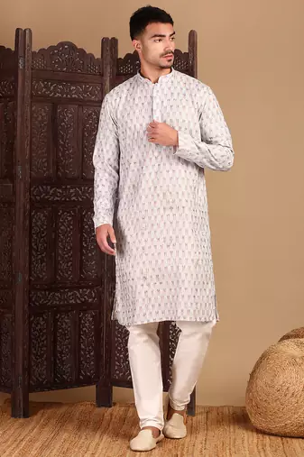 off white cotton sequins kurta pajama for mens