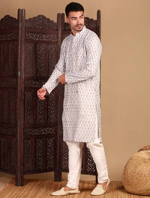 off white cotton sequins kurta pajama for mens 3