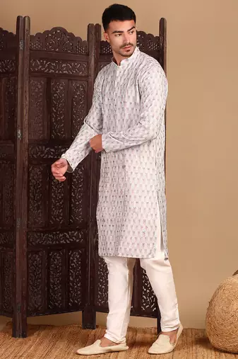 off white cotton sequins kurta pajama for mens