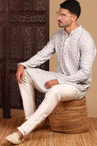 off white cotton sequins kurta pajama for mens