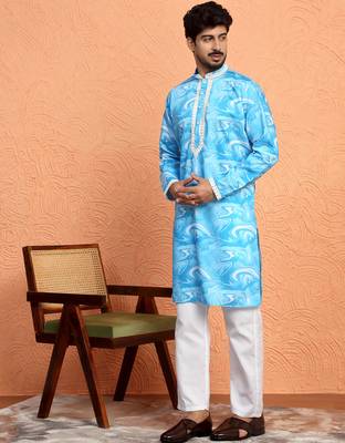Cotton silk tie-dye printed blue kurta 1