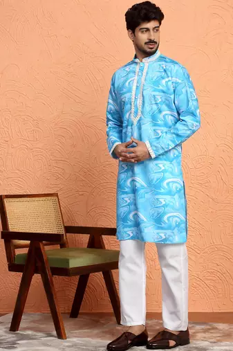 Cotton silk tie-dye printed blue kurta