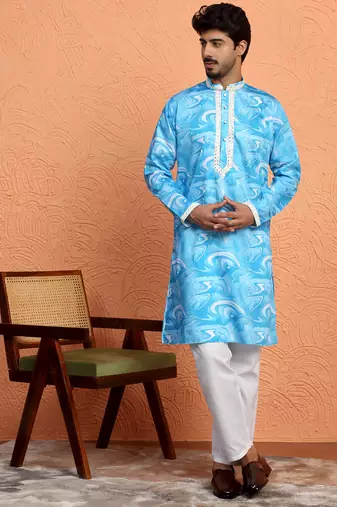 Cotton silk tie-dye printed blue kurta