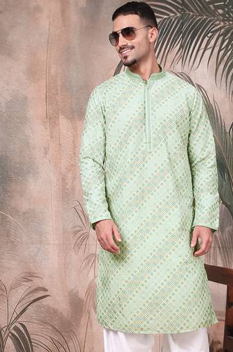 Light green cotton sequins kurta pajama for mens