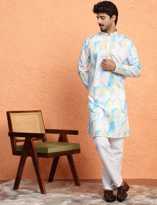 Cotton silk tie-dye printed white kurta 1