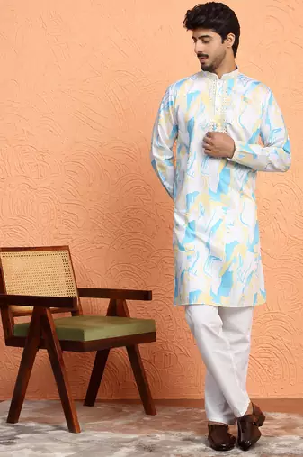 Cotton silk tie-dye printed white kurta