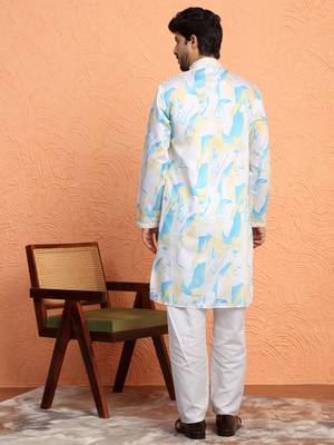 Cotton silk tie-dye printed white kurta 3
