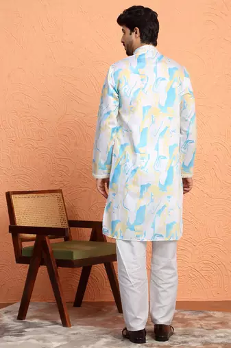 Cotton silk tie-dye printed white kurta
