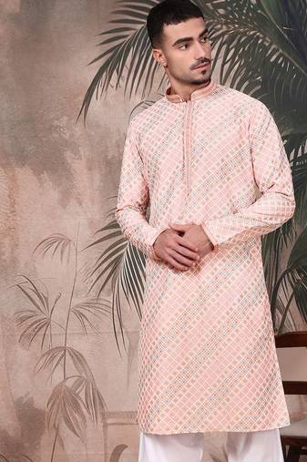 Light pink cotton sequins kurta pajama for mens