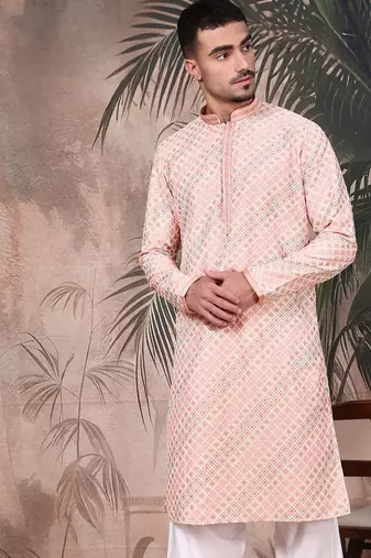 Light pink cotton sequins kurta pajama for mens
