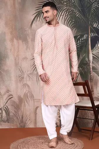 Light pink cotton sequins kurta pajama for mens