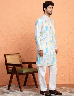 Cotton silk tie-dye printed white kurta 5