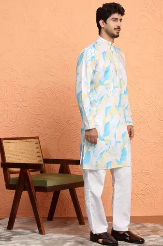 Cotton silk tie-dye printed white kurta