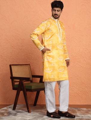 Cotton silk tie-dye printed yellow kurta 1