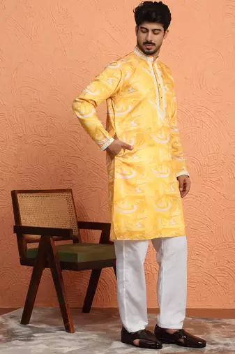 Cotton silk tie-dye printed yellow kurta