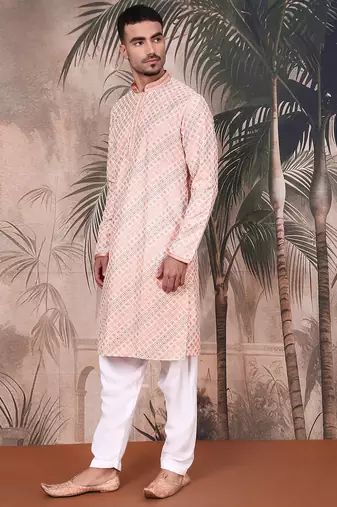 Light pink cotton sequins kurta pajama for mens