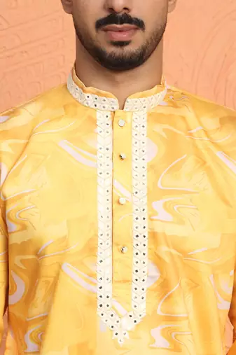 Cotton silk tie-dye printed yellow kurta