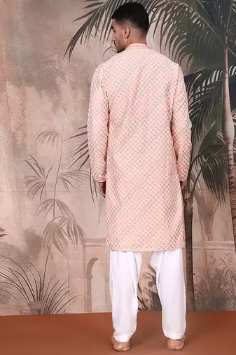 Light pink cotton sequins kurta pajama for mens