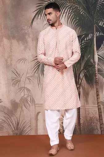 Light pink cotton sequins kurta pajama for mens