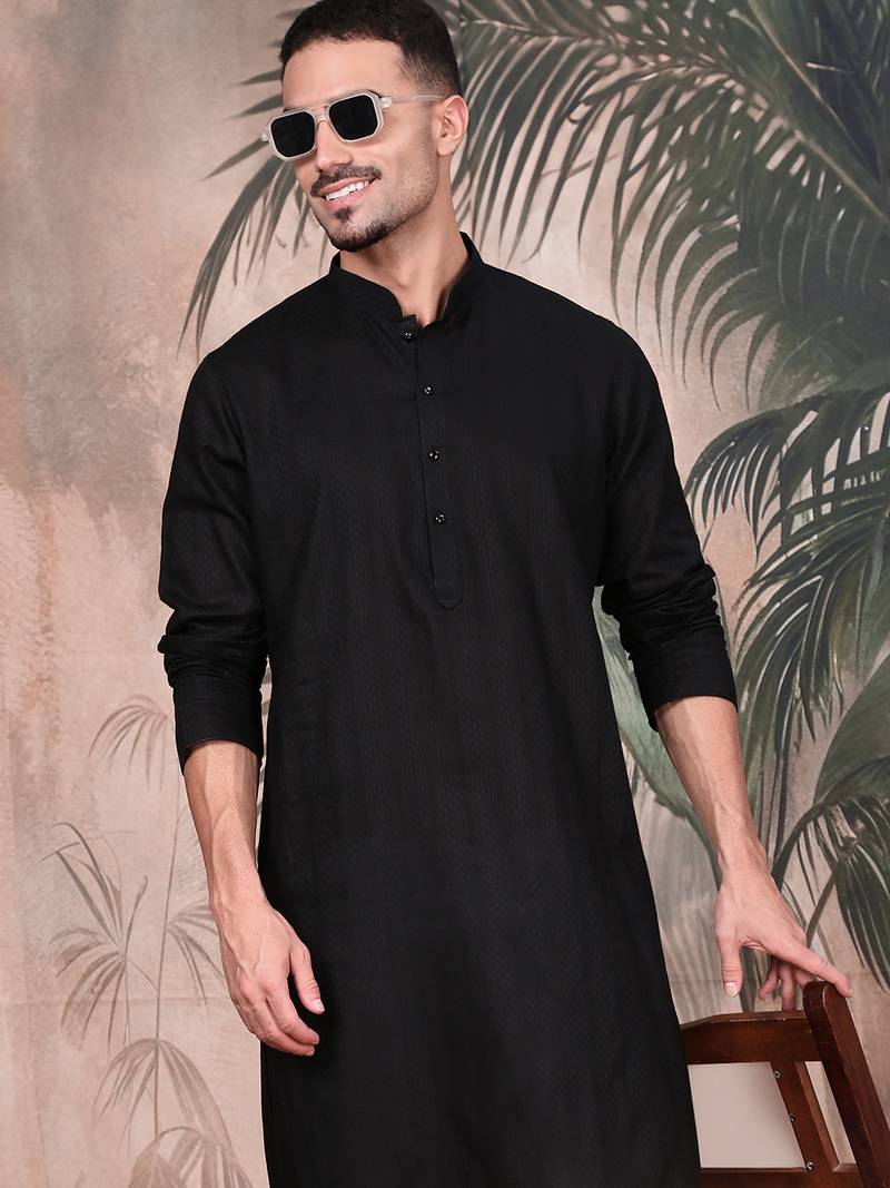 Black cotton textured kurta pajama for mens
