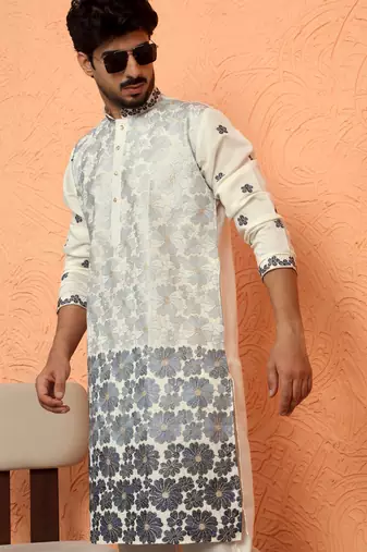 Cotton silk floral embroidered ombre grey mandarin collar kurta