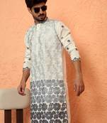 Cotton silk floral embroidered ombre grey mandarin collar kurta