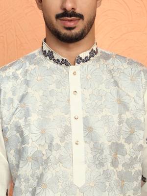 Cotton silk floral embroidered ombre grey mandarin collar kurta 2