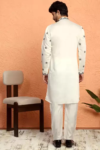 Cotton silk floral embroidered ombre grey mandarin collar kurta