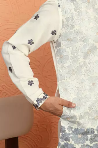 Cotton silk floral embroidered ombre grey mandarin collar kurta