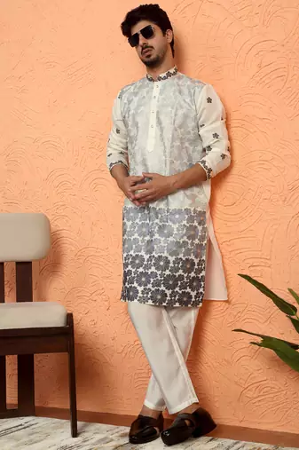 Cotton silk floral embroidered ombre grey mandarin collar kurta