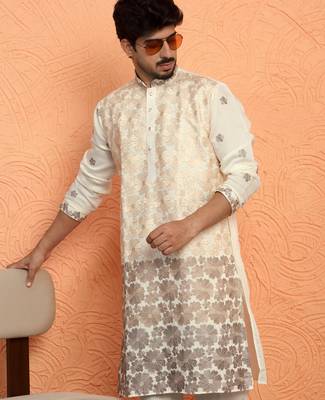 Cotton silk floral embroidered ombre beige mandarin collar kurta 1