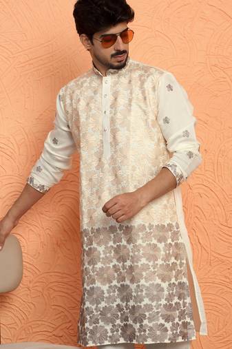 Cotton silk floral embroidered ombre beige mandarin collar kurta