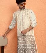 Cotton silk floral embroidered ombre beige mandarin collar kurta