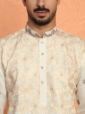 Cotton silk floral embroidered ombre beige mandarin collar kurta 2