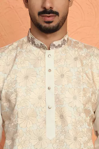 Cotton silk floral embroidered ombre beige mandarin collar kurta