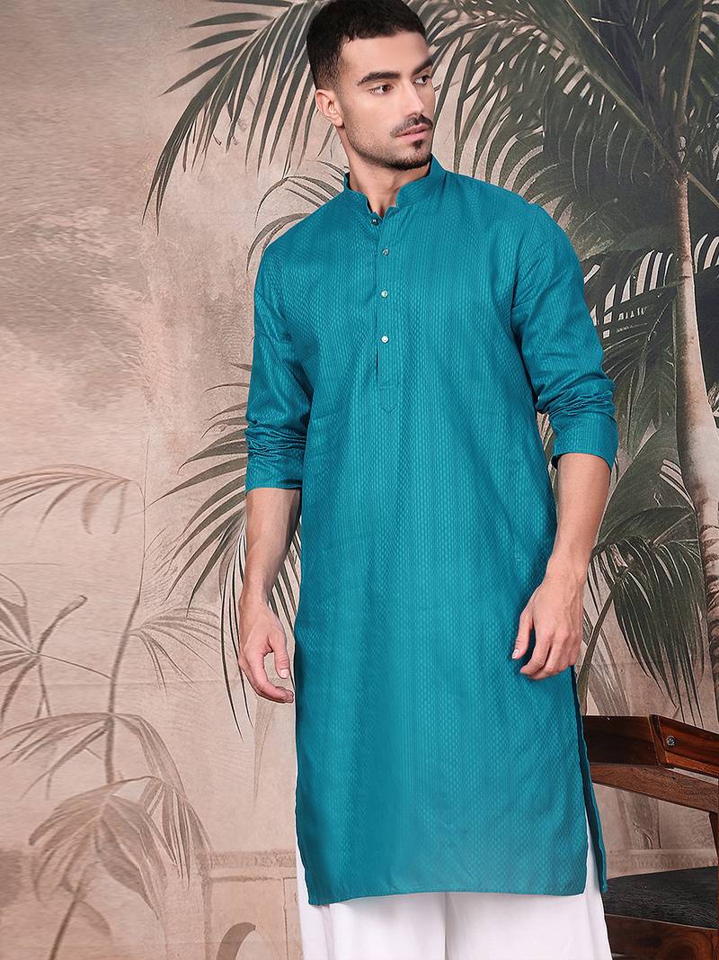 Firozi cotton textured kurta pajama for mens