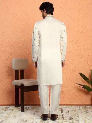 Cotton silk floral embroidered ombre beige mandarin collar kurta 3