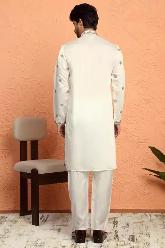 Cotton silk floral embroidered ombre beige mandarin collar kurta