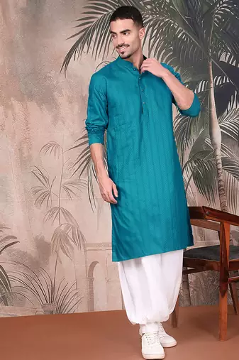 Firozi cotton textured kurta pajama for mens