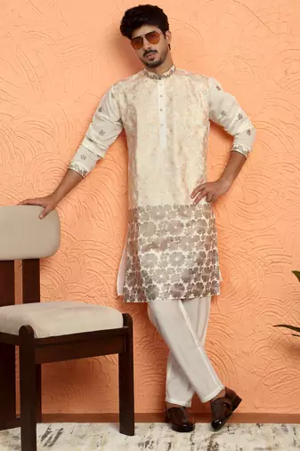 Cotton silk floral embroidered ombre beige mandarin collar kurta