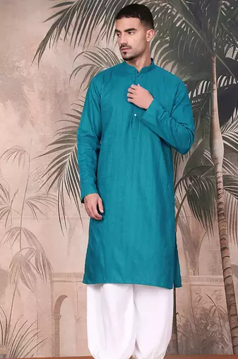 Firozi cotton textured kurta pajama for mens