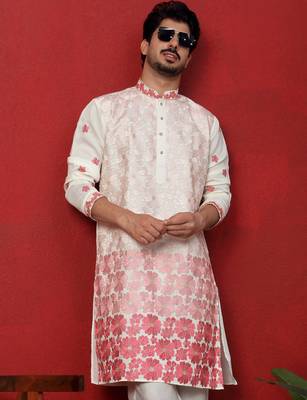 Cotton silk floral embroidered ombre pink mandarin collar kurta 1