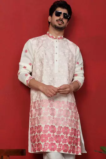 Cotton silk floral embroidered ombre pink mandarin collar kurta