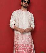 Cotton silk floral embroidered ombre pink mandarin collar kurta