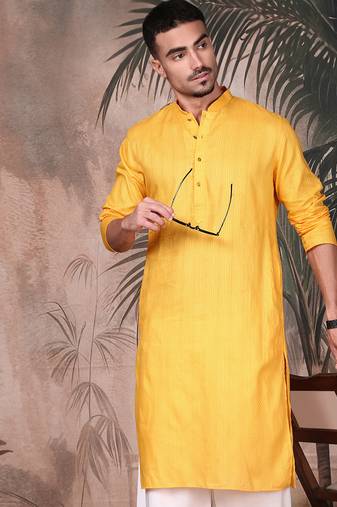 Mustard cotton textured kurta pajama for mens