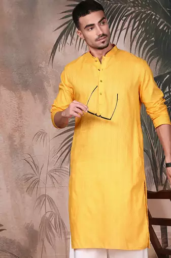 Mustard cotton textured kurta pajama for mens