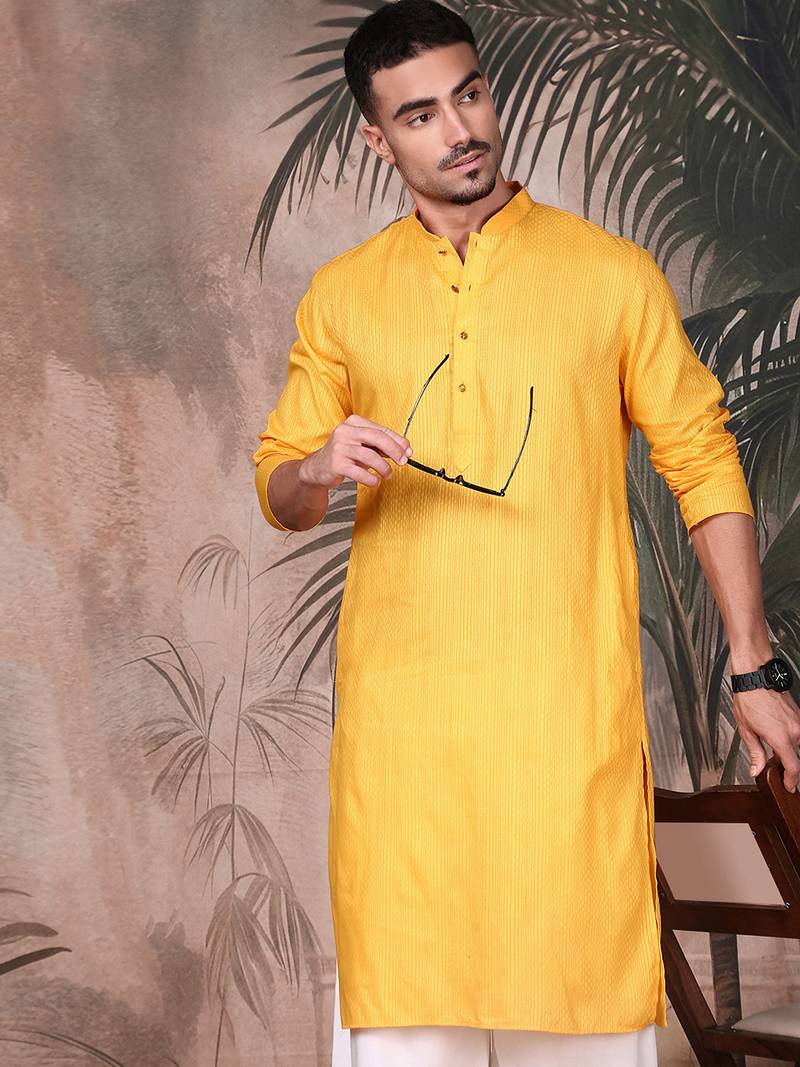 Mustard cotton textured kurta pajama for mens