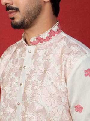 Cotton silk floral embroidered ombre pink mandarin collar kurta 2